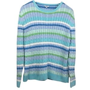VTG Tabi Knitted Blues Greens White Striped Long Sleeve Crew Neck Sweater  L